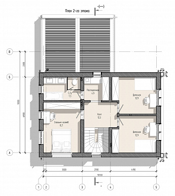Проект дома дома с тремя спальнями, кабинетом, баней и постирочной / План мансардного этажа Проект дома дома с тремя спальнями, кабинетом, баней и постирочной / План мансардного этажа