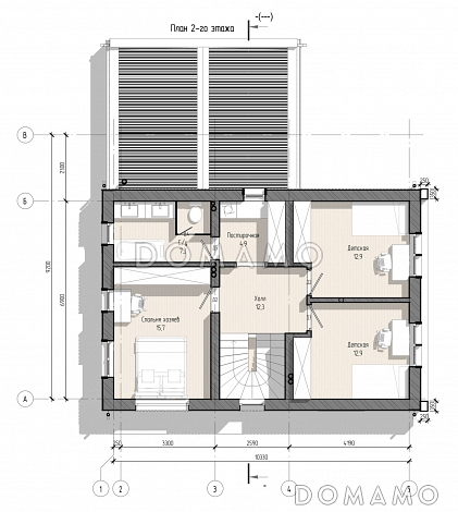 Проект дома дома с тремя спальнями, кабинетом, баней и постирочной / План мансардного этажа Проект дома дома с тремя спальнями, кабинетом, баней и постирочной / План мансардного этажа