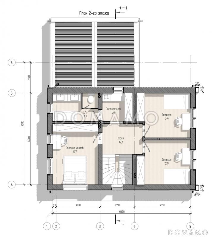 Проект дома дома с тремя спальнями, кабинетом, баней и постирочной / План мансардного этажа