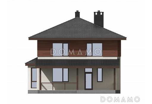 Проект двухэтажного газобетонного дома с эркером и крытой террасой на входе / Фасад 1