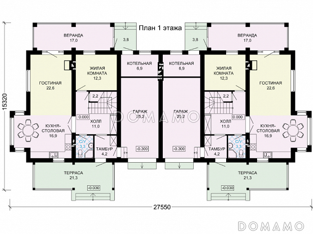 Проект двухэтажного дома на два хозяина с гаражом / План 1 этажа
