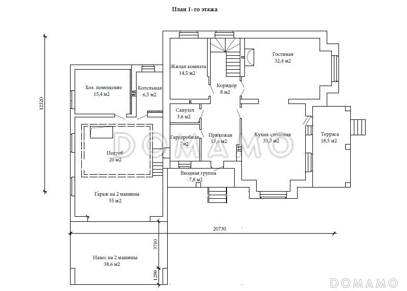Проект двухэтажного дома из газобетона с террасой, гаражом на два автомобиля и большим погребом / План 1 этажа