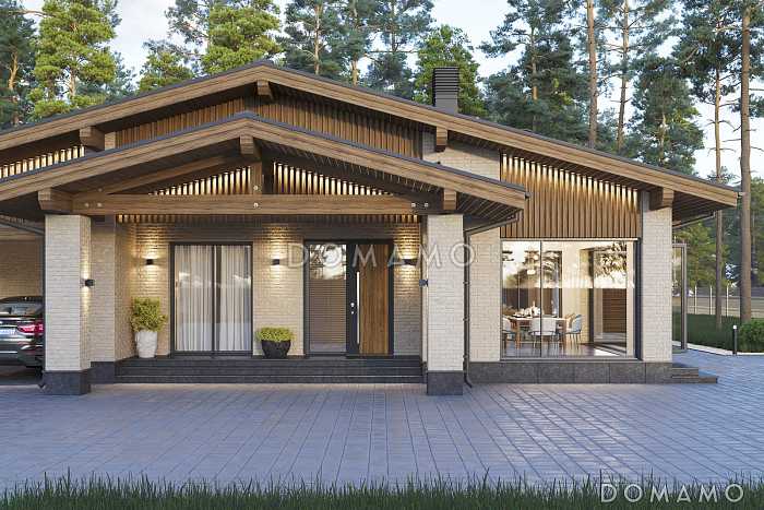 Проект дома по каркасной технологии с четырьмя спальнями, теплой зоной барбекю и навесом для двух автомобилей