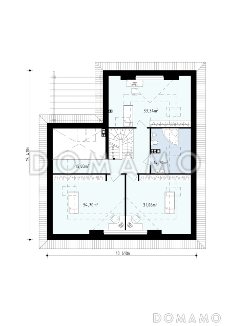 Проект просторного одноэтажного мансардного дома из газобетона с кабинетом, спальнями на обоих этаж и гаражом на два автомобиля  / План мансардного этажа