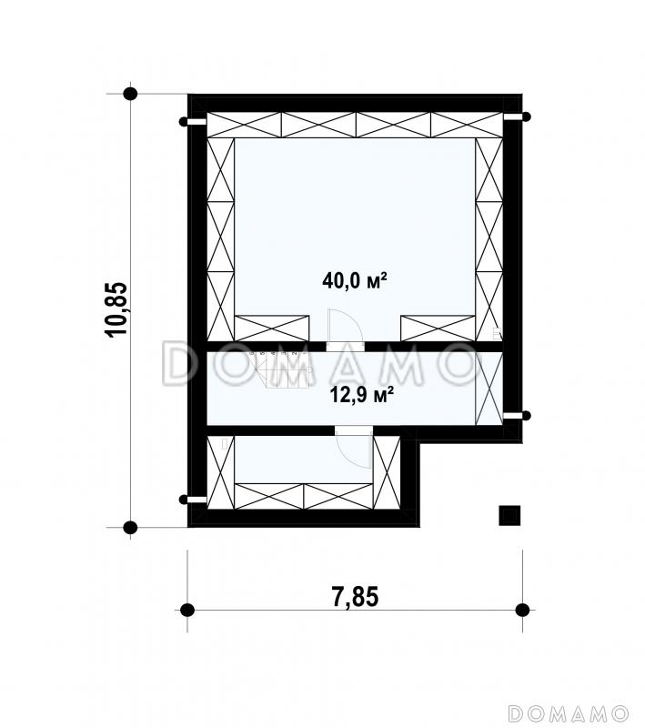 Проект дома с террасой, подвалом, кухней с кладовой, санузлом с душем на первом этаже / План цокольного этажа