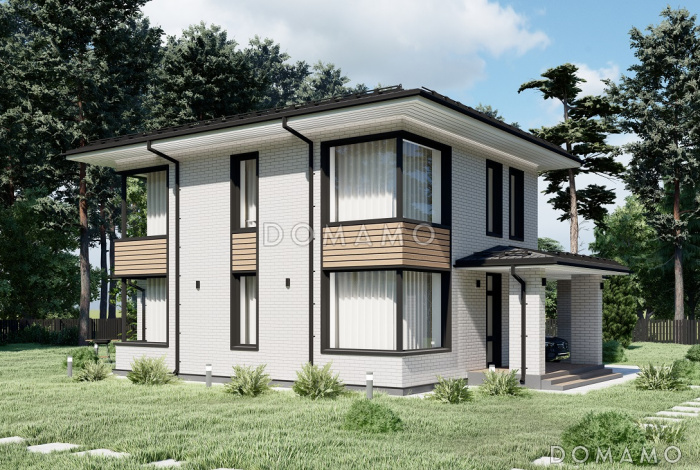 Проект эффективного двухэтажного дома с навесом для авто S-121