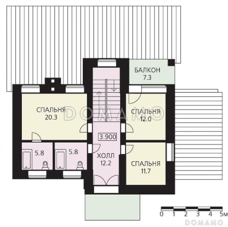 Проект двухэтажного дома из пеноблоков с гаражом и большой крытой террасой / План 2 этажа