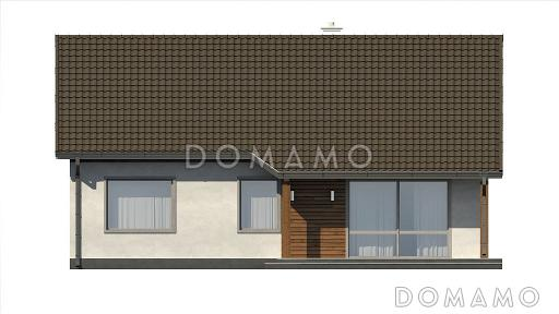 Проект компактного одноэтажного дома из кирпича с острой крышей, с тремя спальнями и небольшой крытой террасой / Фасад 4