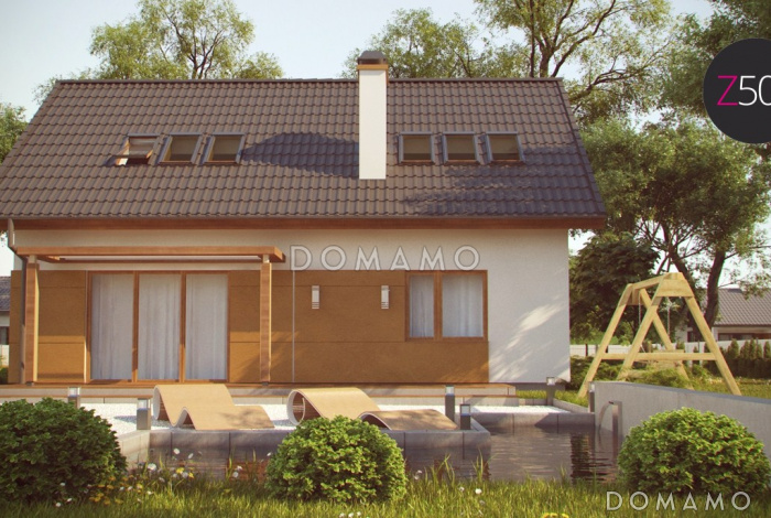 Проект одноэтажного мансардного дома из кирпича с большим техническим помещением и тремя спальнями