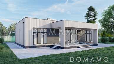 Проект одноэтажного каркасного дома в стиле хай-тек с двумя спальнями, кабинетом и крытой террасой Проект одноэтажного каркасного дома в стиле хай-тек с двумя спальнями, кабинетом и крытой террасой