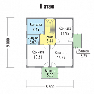 Проект современного дома из клееного бруса с двумя небольшими балконами на втором этаже / План 2 этажа Проект современного дома из клееного бруса с двумя небольшими балконами на втором этаже / План 2 этажа