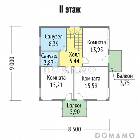 Проект современного дома из клееного бруса с двумя небольшими балконами на втором этаже / План 2 этажа Проект современного дома из клееного бруса с двумя небольшими балконами на втором этаже / План 2 этажа