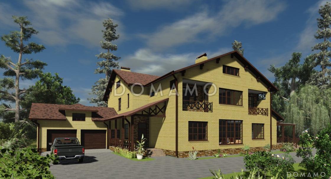 Проект двухэтажного дома с цокольным этажом, бассейном и гаражом на два автомобиля / 1