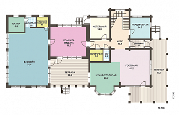 Проект двухэтажного дома из клееного бруса с бассейном и сауной на первом этаже / План 1 этажа Проект двухэтажного дома из клееного бруса с бассейном и сауной на первом этаже / План 1 этажа