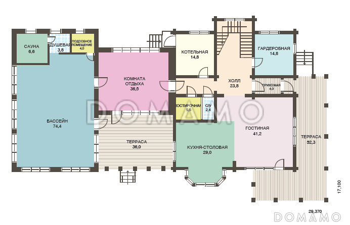 Проект двухэтажного дома из клееного бруса с бассейном и сауной на первом этаже / План 1 этажа