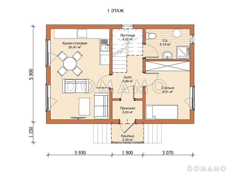 Каркасный дом "Омега" / План 1 этажа