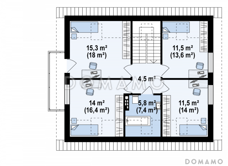 Проект одноэтажного дома из кирпича с оригинальной открытой террасой по периметру и с жилой мансардой / План мансардного этажа