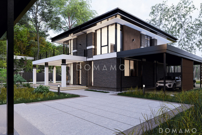 Проект двухэтажного дома с мастер-спальней, балконом и большой крытой террасой