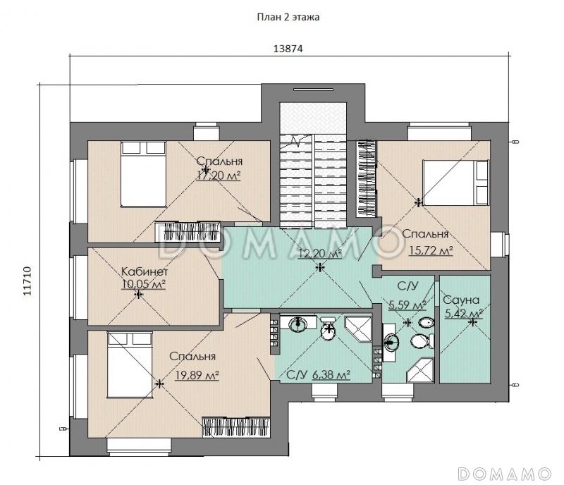 Проект загородного дома с просторной кухней-гостиной, кабинетом и сауной на втором этаже / План 2 этажа