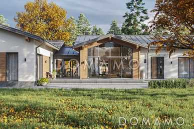 Проект одноэтажного каркасного дома Г-образной формы с навесом для автомобилей, сауной и верандой