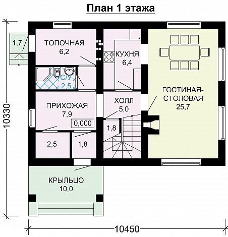 Проект небольшого дома из пеноблоков с интересной отделкой / План 1 этажа