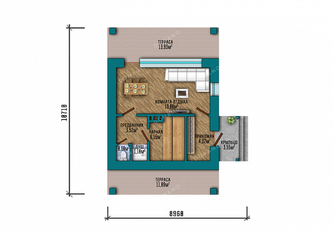Проект компактной одноэтажной бани в классическом стиле с большой террасой, витражным остеклением и просторной комнатой отдыха / План 1 этажа