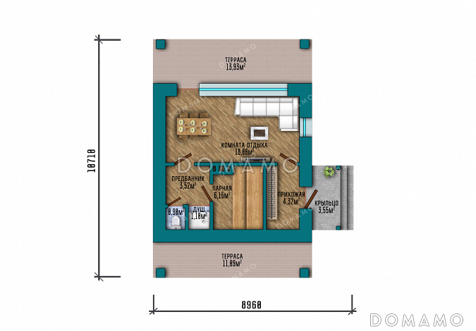 Проект компактной одноэтажной бани в классическом стиле с большой террасой, витражным остеклением и просторной комнатой отдыха / План 1 этажа Проект компактной одноэтажной бани в классическом стиле с большой террасой, витражным остеклением и просторной комнатой отдыха / План 1 этажа