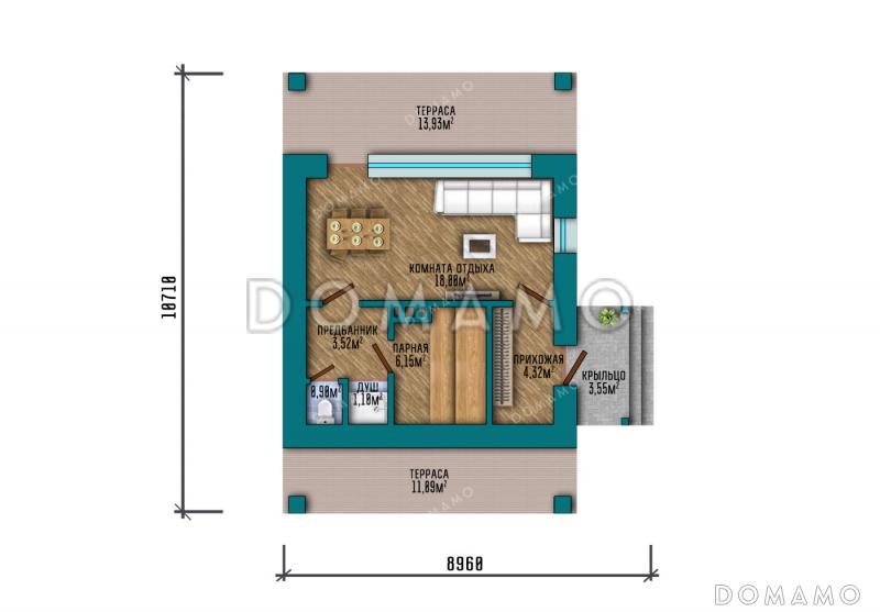 Проект компактной одноэтажной бани в классическом стиле с большой террасой, витражным остеклением и просторной комнатой отдыха / План 1 этажа