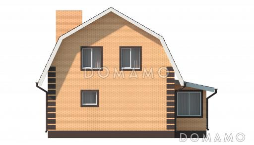 Проект загородного дома с небольшой верандой, спальней на первом этаже, совмещенной кухней-столовой / Фасад 1
