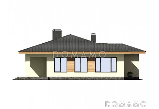 Проект одноэтажного дома из кирпича с гаражом, террасой, детскими комнатами / Фасад 2