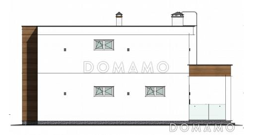 Проект двухэтажного дома с плоской крышей, изолированной кухней-столовой, гостиной с выходом на террасу, гостевой комнатой / Фасад 2