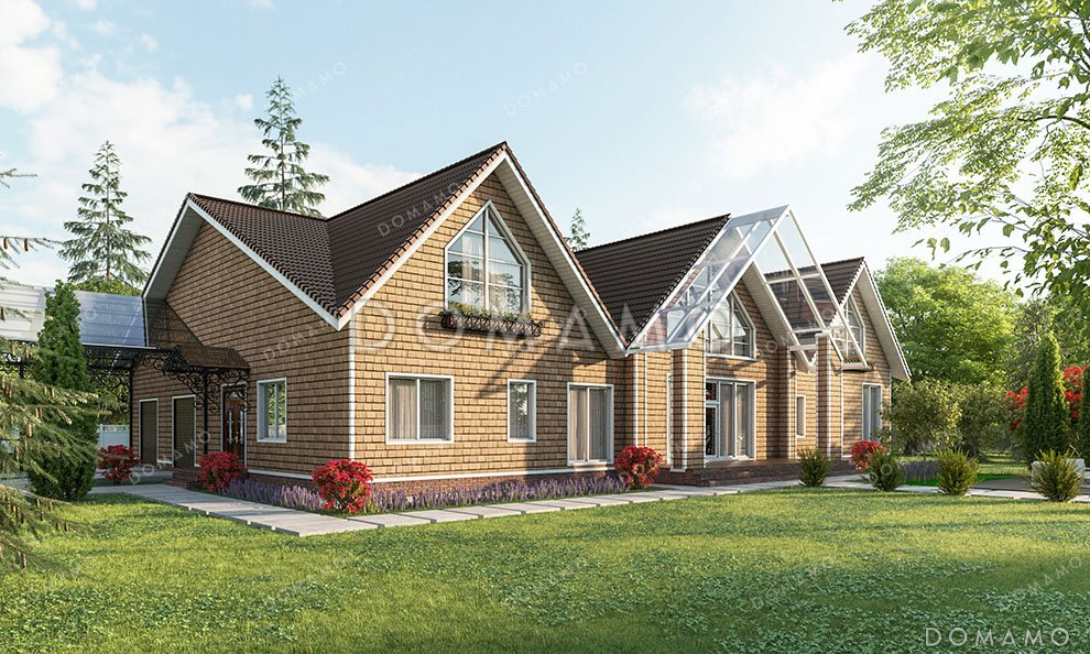 Проект большого одноэтажного дома с мансардой и гаражом на два автомобиля / 1