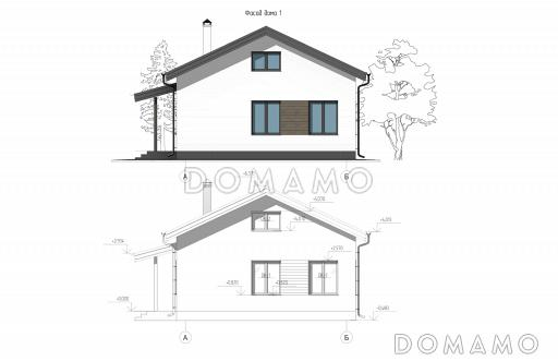 Проект компактного дома с тремя спальнями и проходной кухней-гостиной / Фасад 1 Проект компактного дома с тремя спальнями и проходной кухней-гостиной / Фасад 1