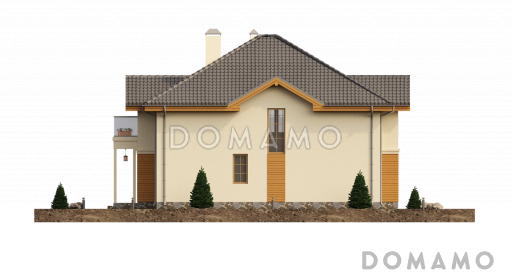 Проект загородного дома с кладовой в кухне, просторной гостиной, террасой, балконом / Фасад 3