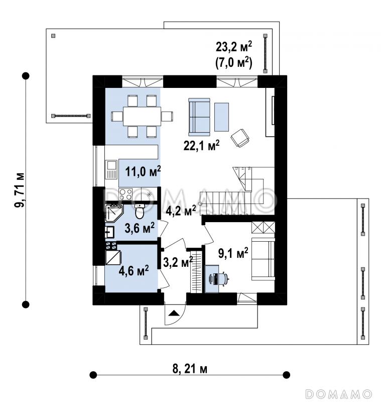 Проект загородного дома для семьи с детьми, просторной ванной, террасой / План 1 этажа