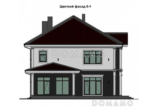 Проект загородного дома с верандой, полукруглым крыльцом, французским балконом, вытянутой кухней-гостиной-столовой / Фасад 2