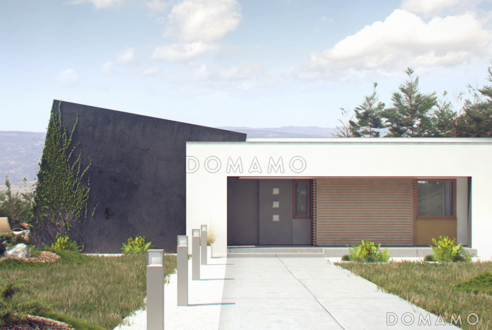 Проект современного одноэтажного дома из газобетона с тремя спальнями и необычными элементами дизайна Проект современного одноэтажного дома из газобетона с тремя спальнями и необычными элементами дизайна