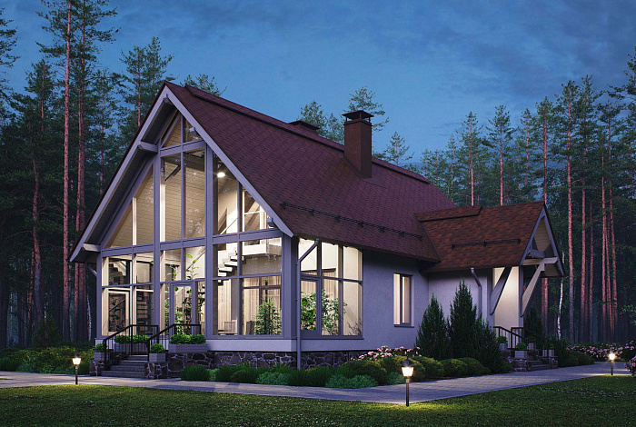 Проект дома с одной спальней, панорамным остеклением, зимним садом и чердаком
