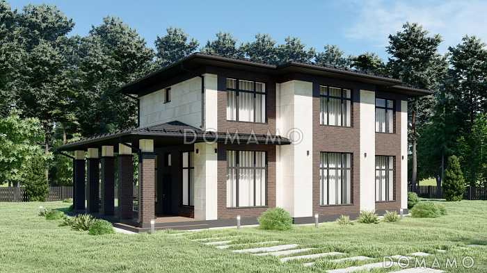 Проект двухэтажного дома с облицовкой камнем в стиле Райт S-221