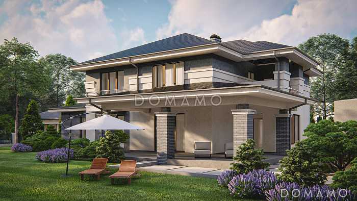 Проект  двухэтажного дома с гаражом на 2 машины, большой гостиной, проходом на кухню из прихожей, отдельным входом в котельную