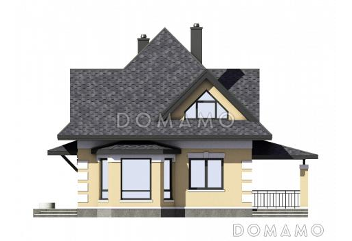 Проект одноэтажного мансардного дома из газобетона с тремя спальнями, кабинетом, эркером и крытой террасой / Фасад 4