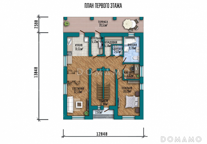 Проект дома с пятью спальнями и террасой / План 1 этажа