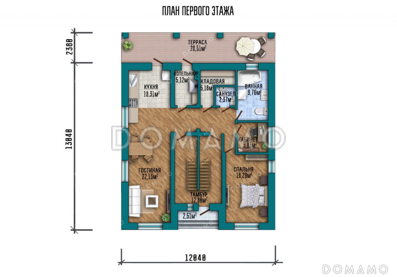 Проект дома с пятью спальнями и террасой / План 1 этажа
