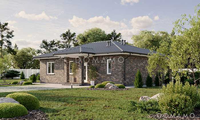 Проект одноэтажного прямоугольного дома с отделкой фасада кирпичом, одной внутренней несущей стеной, тремя спальнями и большой кухней-гостиной с выходом на крытую террасу Проект одноэтажного прямоугольного дома с отделкой фасада кирпичом, одной внутренней несущей стеной, тремя спальнями и большой кухней-гостиной с выходом на крытую террасу