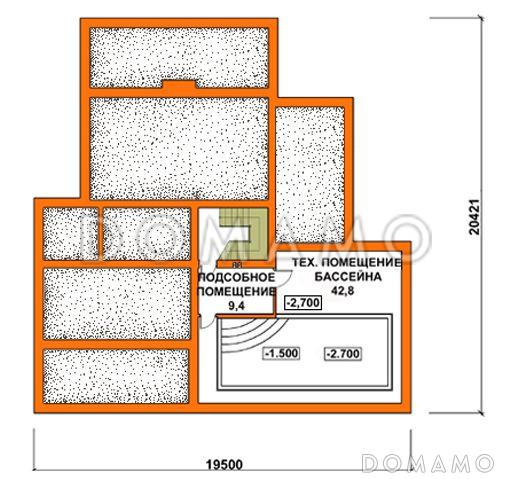 Проект дома с двускатной крышей, бассейном, зимним садом и небольшим подвалом / План цокольного этажа