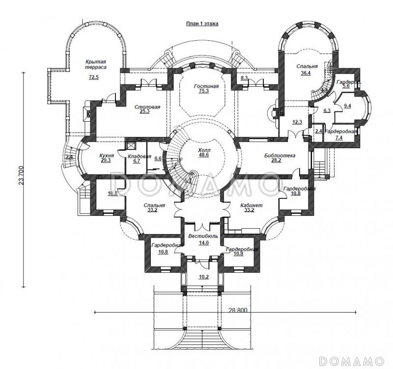 Проект двухэтажного дома из кирпича с цокольным этажом / План 1 этажа