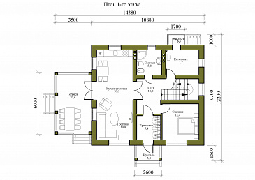 Проект двухэтажного дома с тремя спальнями на втором этаже и спальней на первом этаже / План 1 этажа Проект двухэтажного дома с тремя спальнями на втором этаже и спальней на первом этаже / План 1 этажа