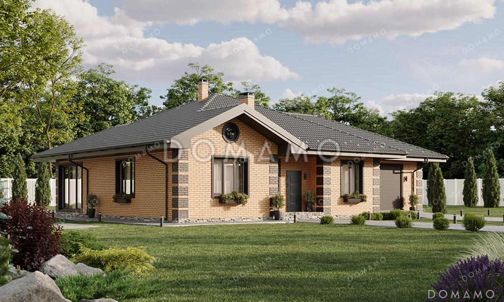 Проект одноэтажного дома с гаражом и крытой верандой в классическом стиле / 1