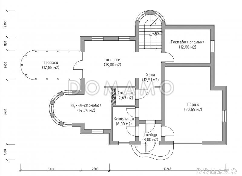 Проект яркого двухэтажного дома с башней, крытой террасой и гаражом / План 1 этажа