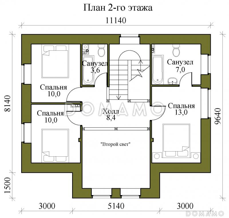 Проект двухэтажного каркасного дома со вторым светом, просторной крытой террасой и сауной / План 2 этажа
